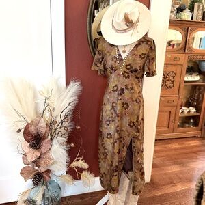 Lulus Marvelously Stylish Brown Floral Flutter Sleeve Midi Dress - Size L